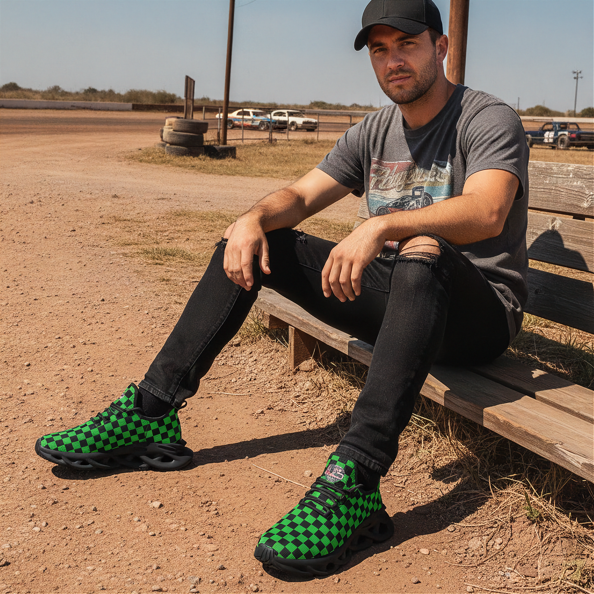 Man sitting on a wooden bench wearing green checkered shoes in an outdoor setting.