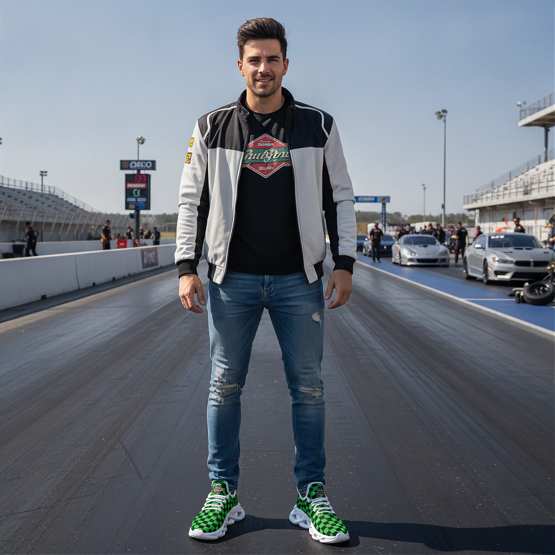 Man standing on a race track wearing a branded jacket and jeans.