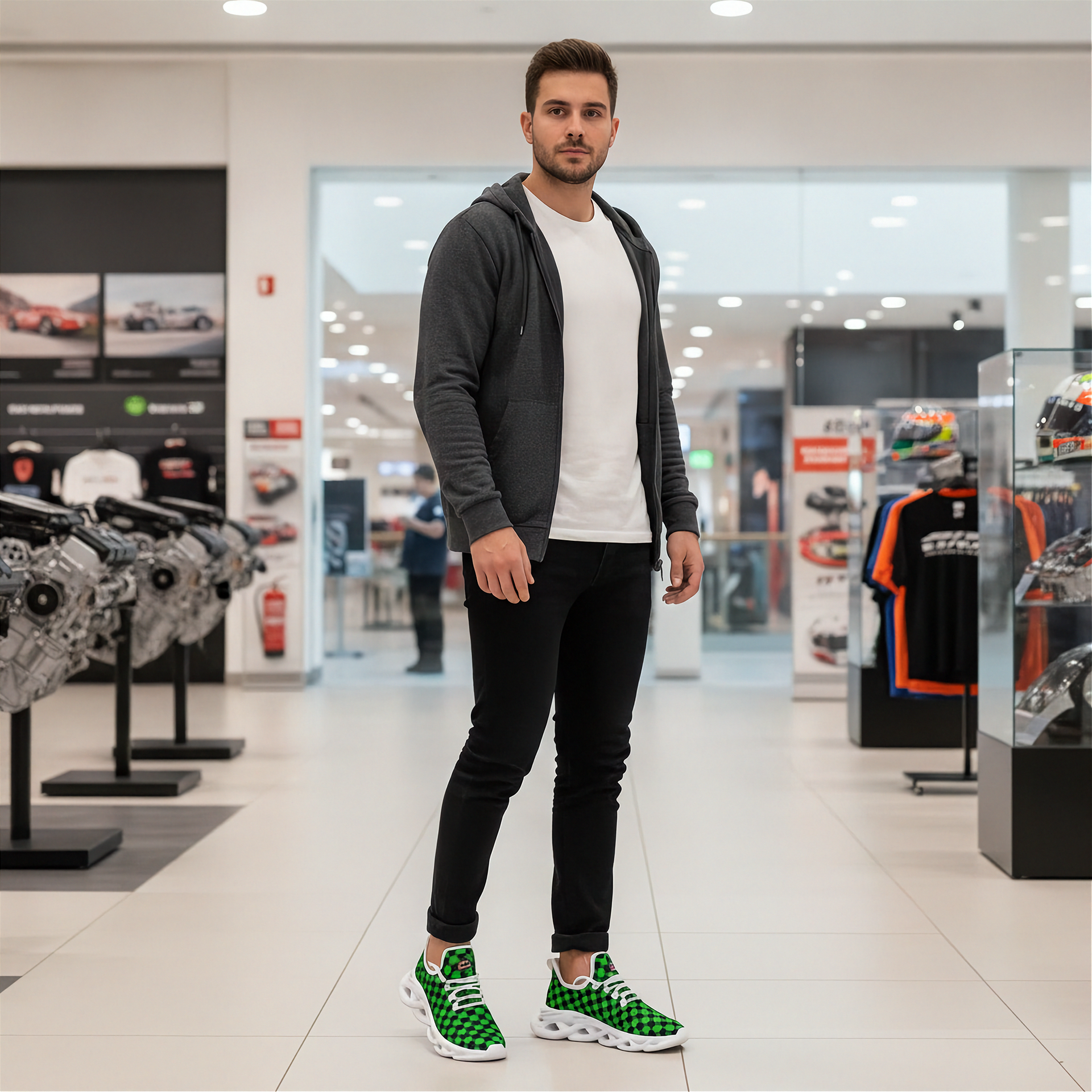 Man standing in a car showroom wearing a gray hoodie, white t-shirt, black pants, and green sneakers.