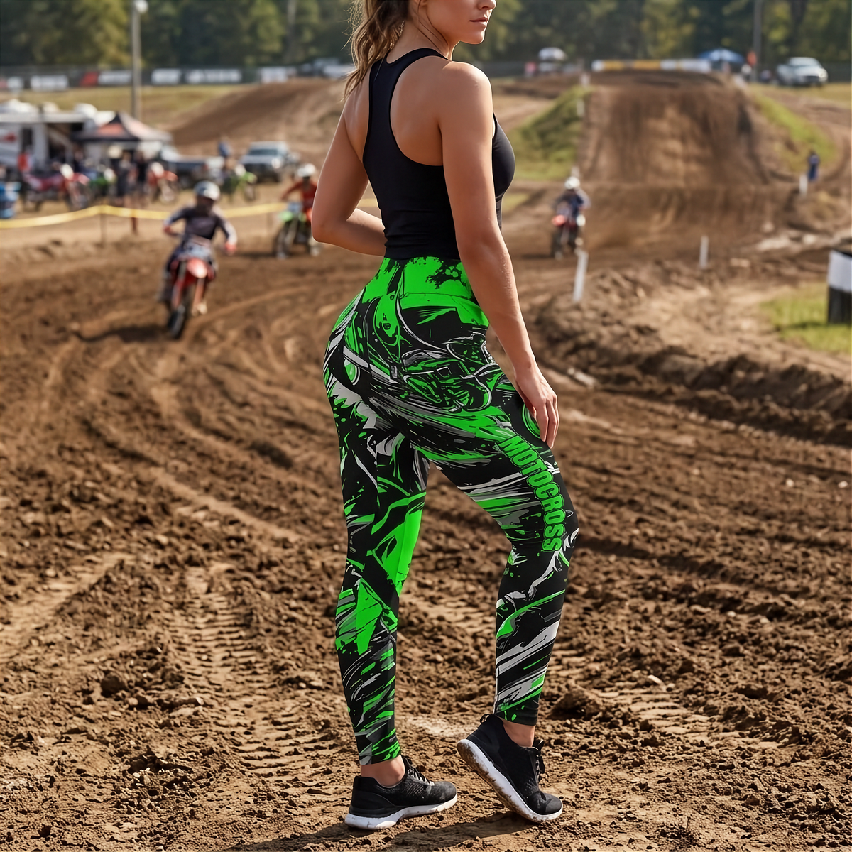 A woman stands on a dirt motocross track wearing bright neon green and black abstract-print leggings, a black tank top, and black sneakers, with riders and track terrain blurred in the background.
