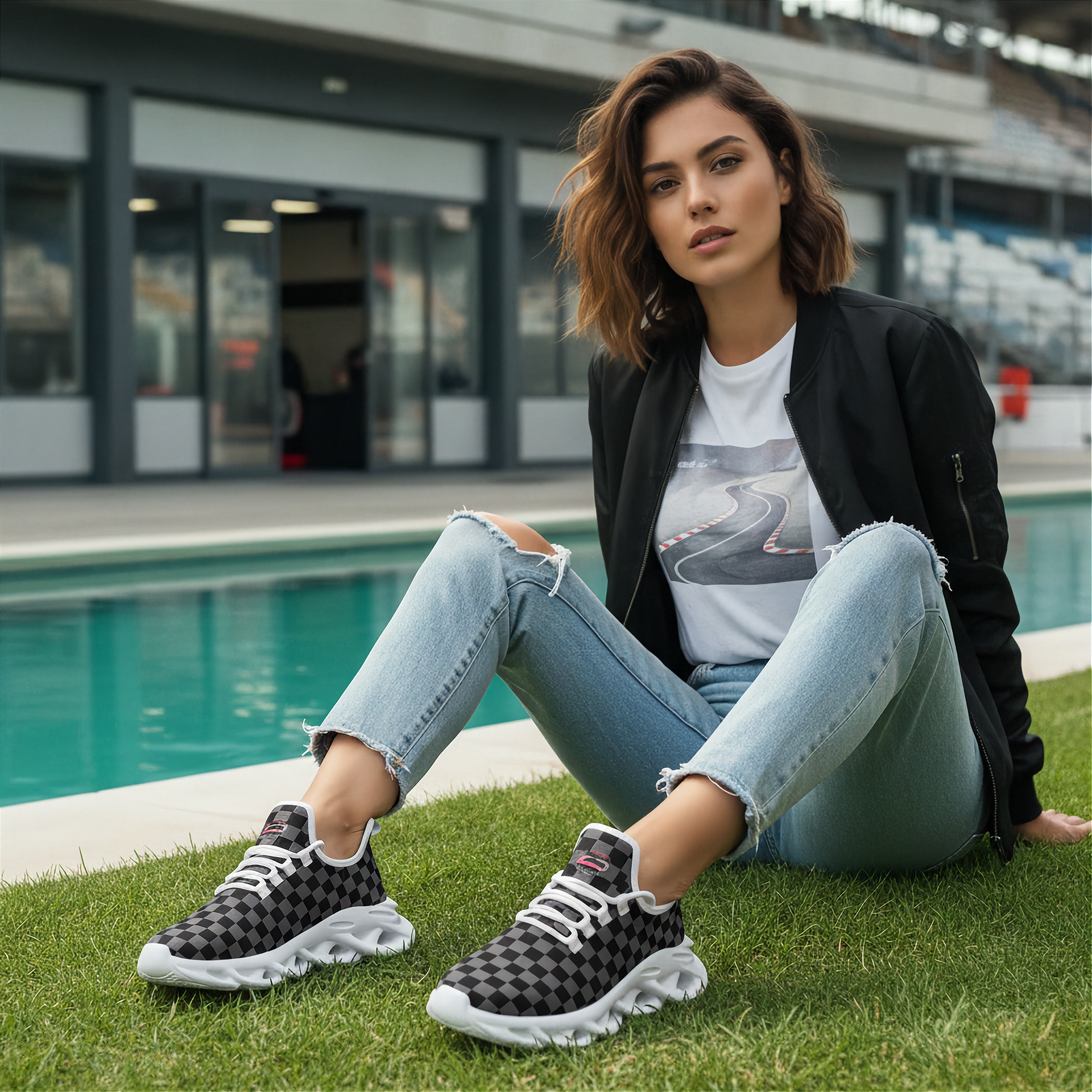 Woman sitting by a pool wearing black checkered sneakers, light blue jeans, and a black jacket.