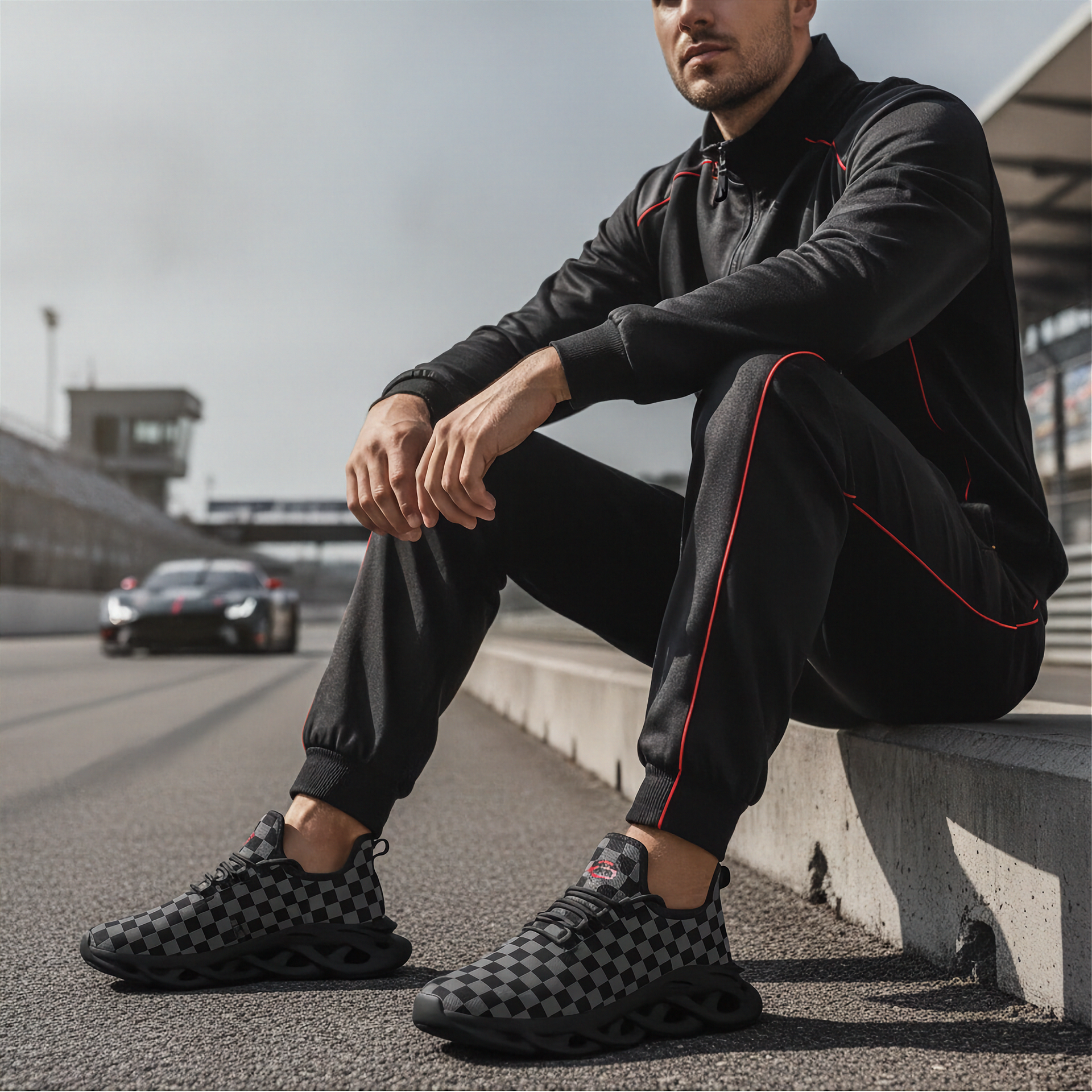 Man sitting on a race track wearing black and red athletic gear with checkered shoes.