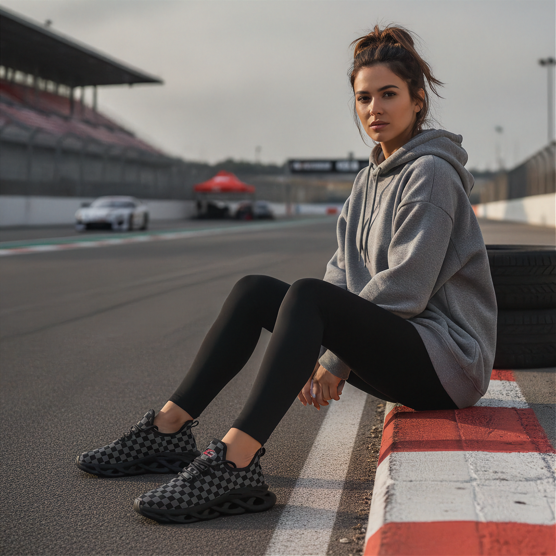 Woman sitting on a racing track with cars in the background