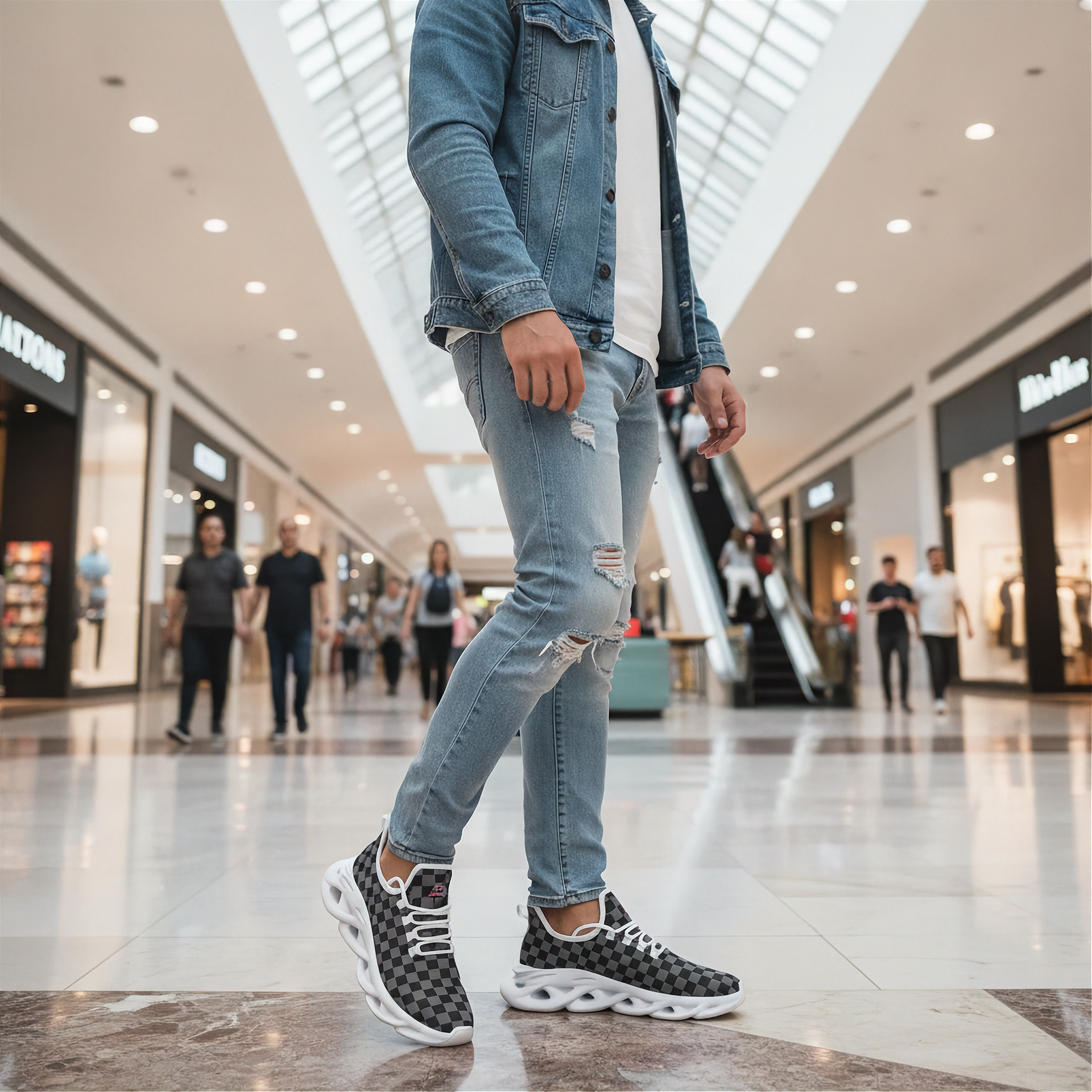 Person wearing ripped jeans and checkered shoes in a mall setting