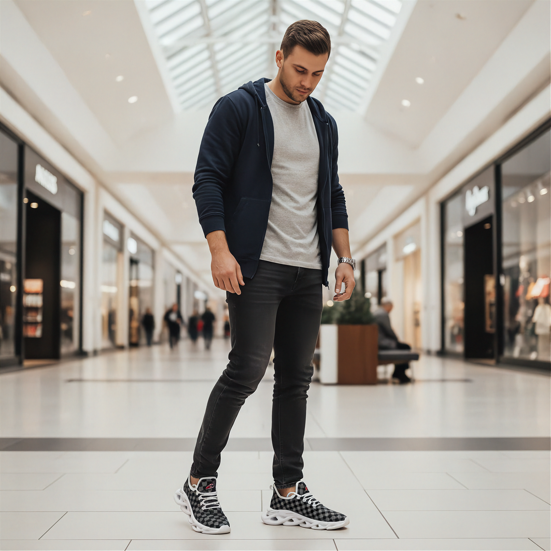 Man in a mall wearing a navy hoodie, white t-shirt, black jeans, and patterned sneakers.