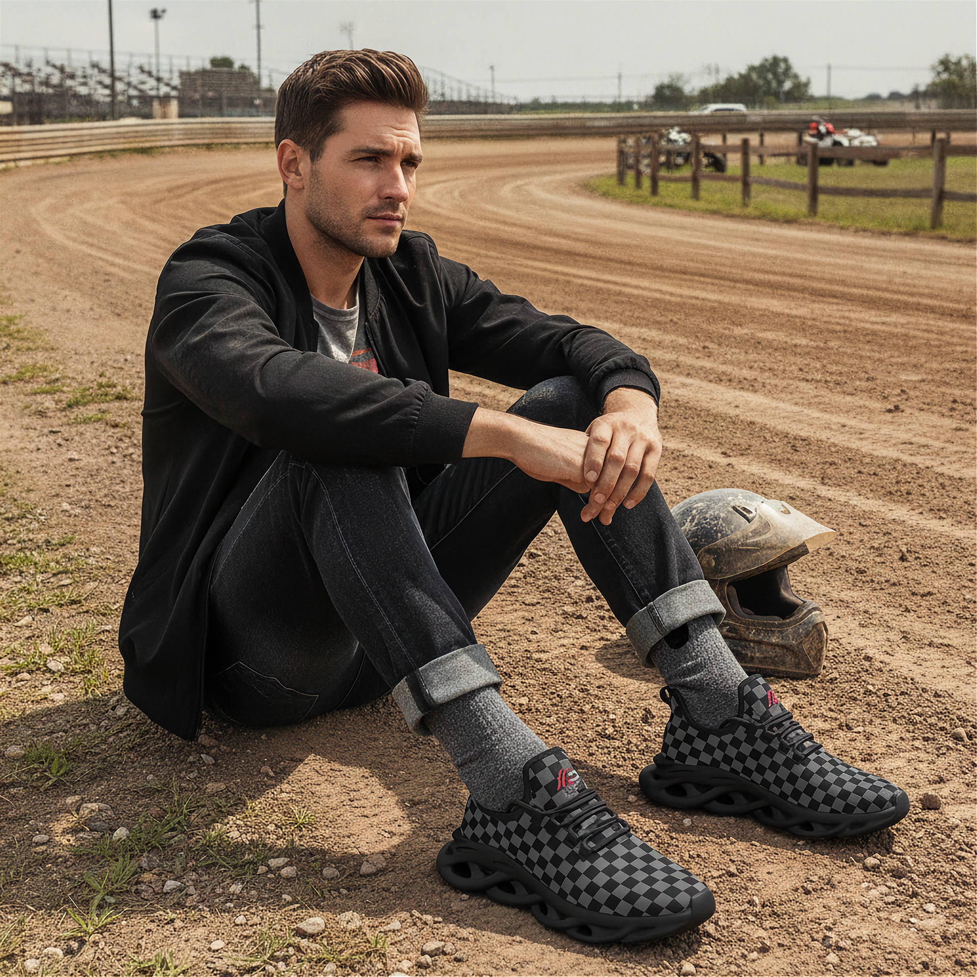 Man sitting on a dirt track with a helmet and grey checkered shoes, wearing a black jacket and jeans.
