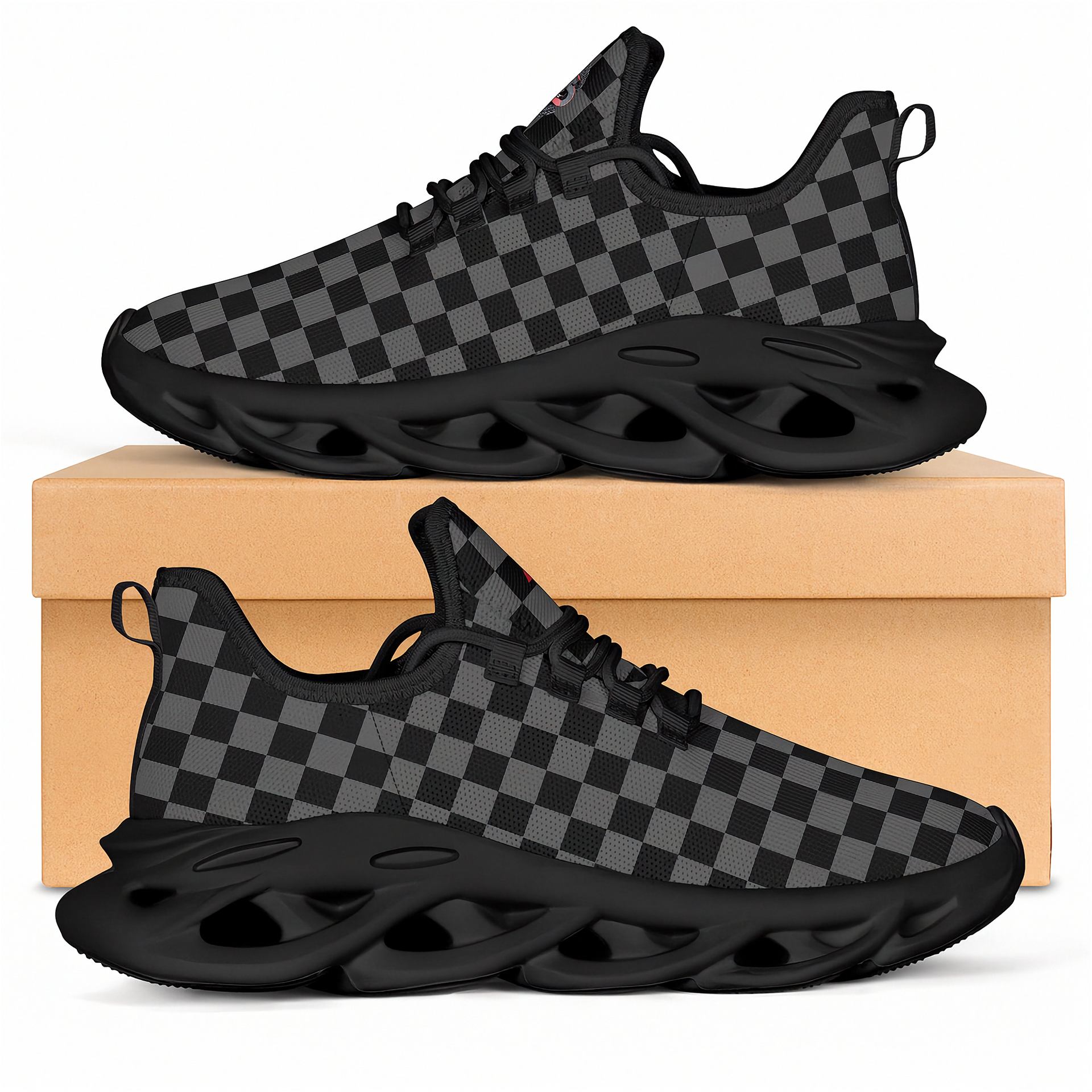 Black and gray checkered sneakers with a beige box on a white background