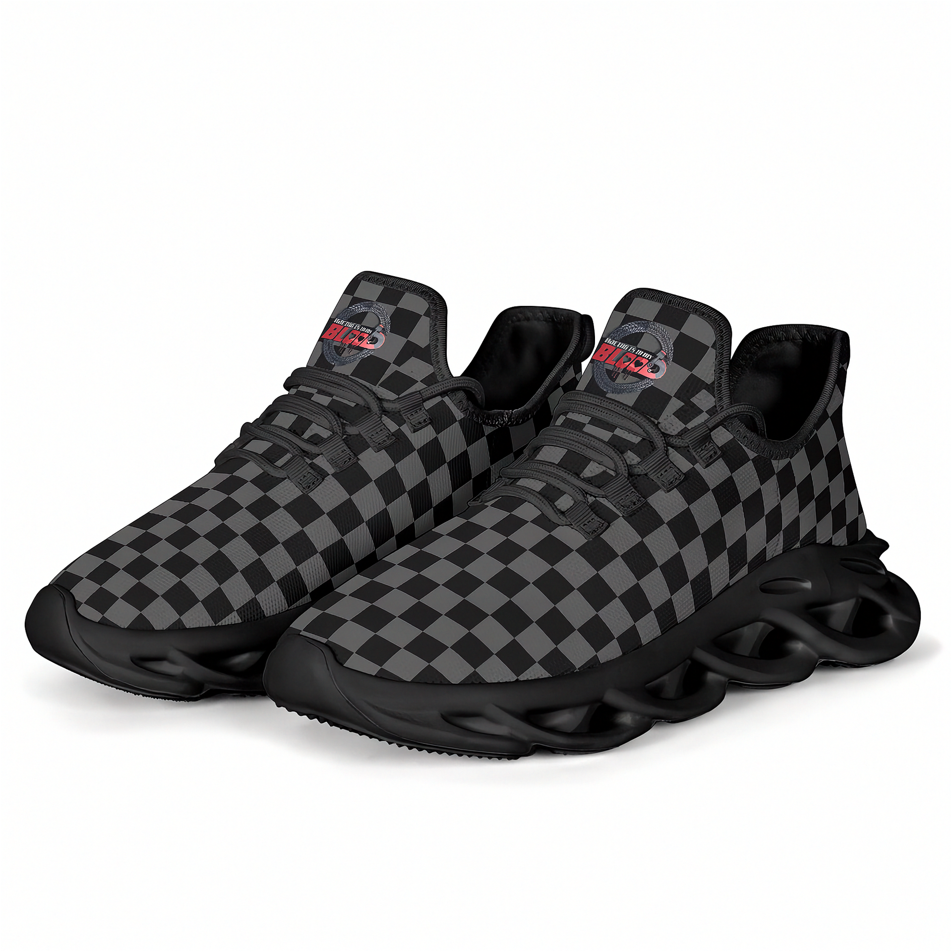 Black and gray checkered sneakers on a white background