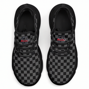 Black and gray checkered sneakers on a white background