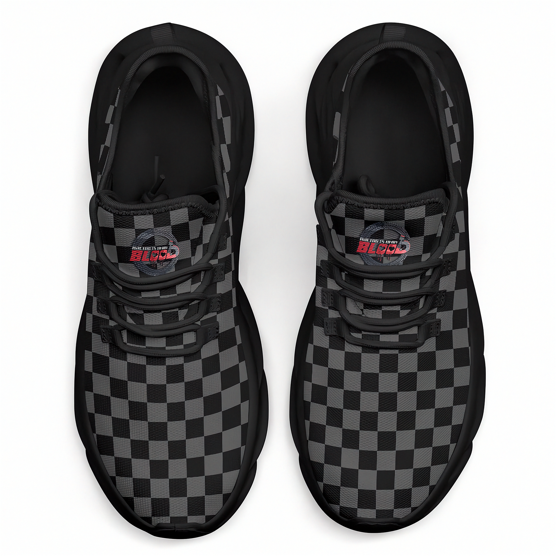 Black and gray checkered sneakers on a white background
