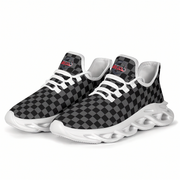 Black and gray checkered sneakers with white soles on a white background