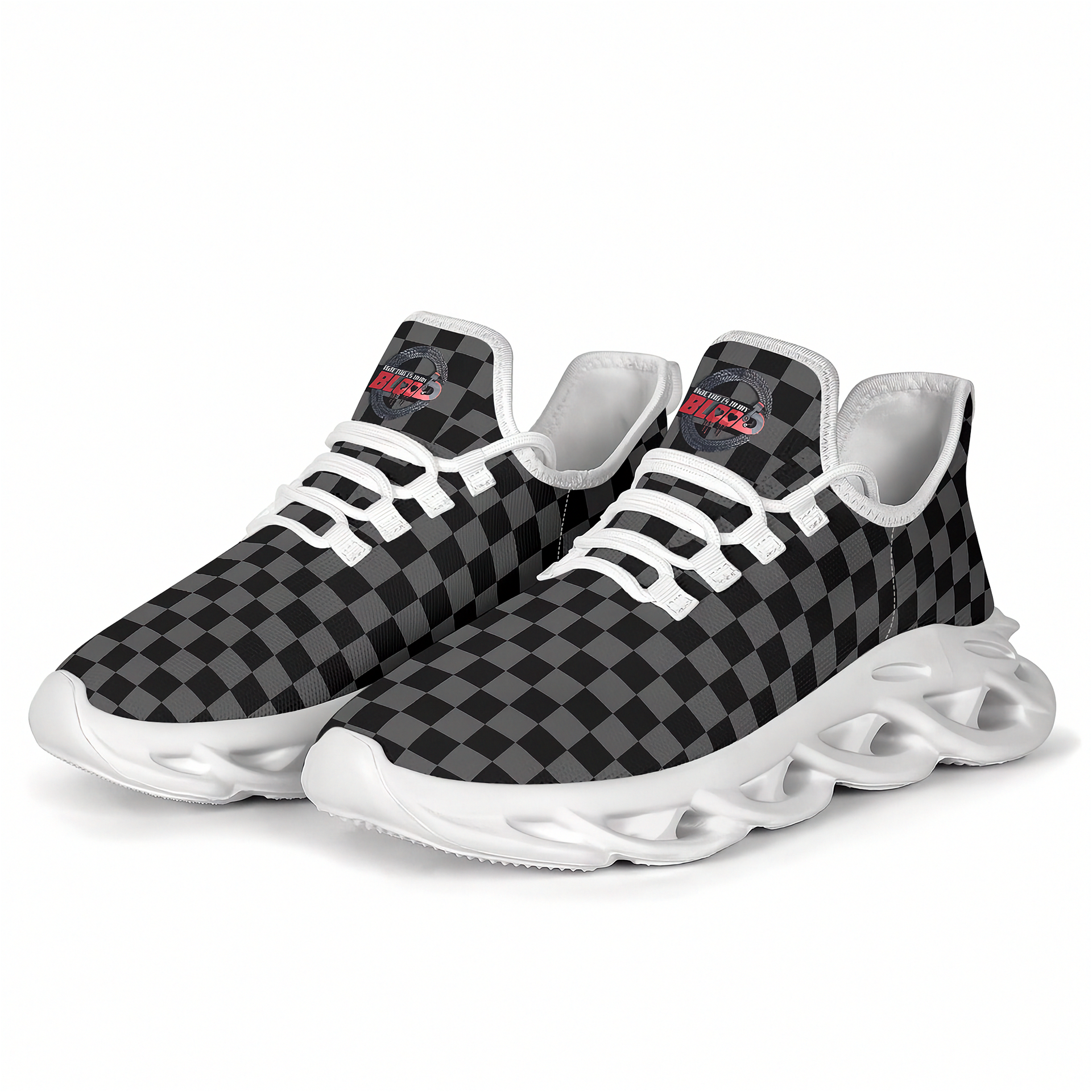 Black and gray checkered sneakers with white soles on a white background