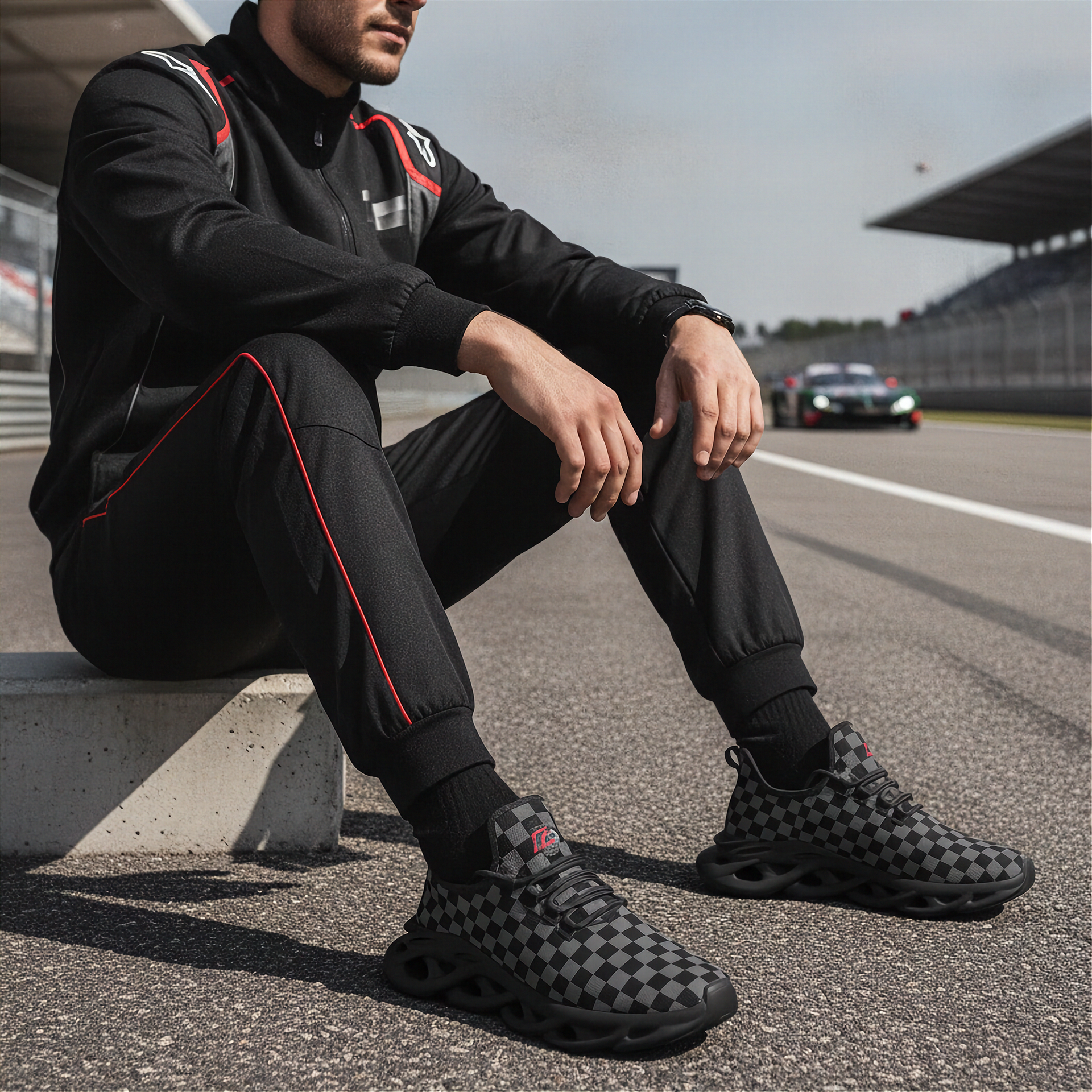 Man sitting on a race track wearing black and red racing attire with checkered shoes.