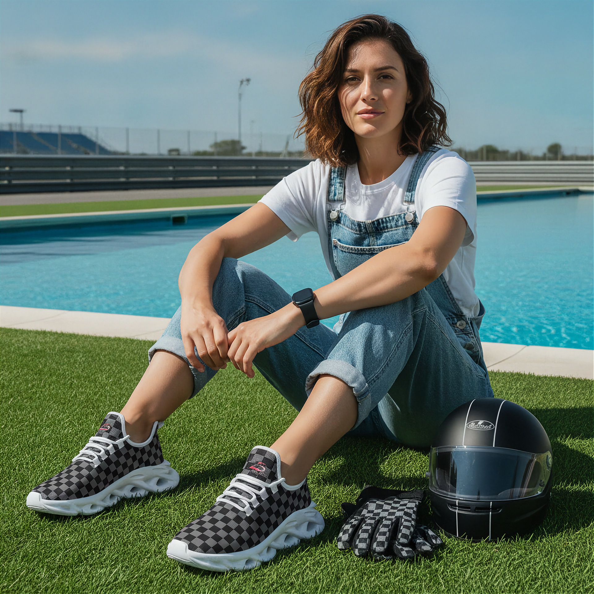 Woman sitting on grass by a pool wearing checkered sneakers and overalls, with a helmet nearby.
