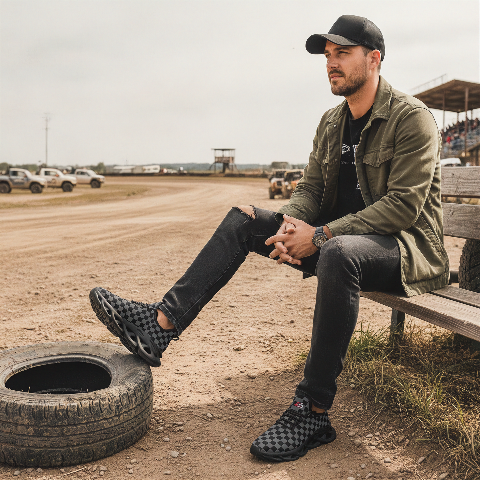 Man sitting on a tire next to a dirt track wearing a green jacket and grey checkered shoes and black cap.