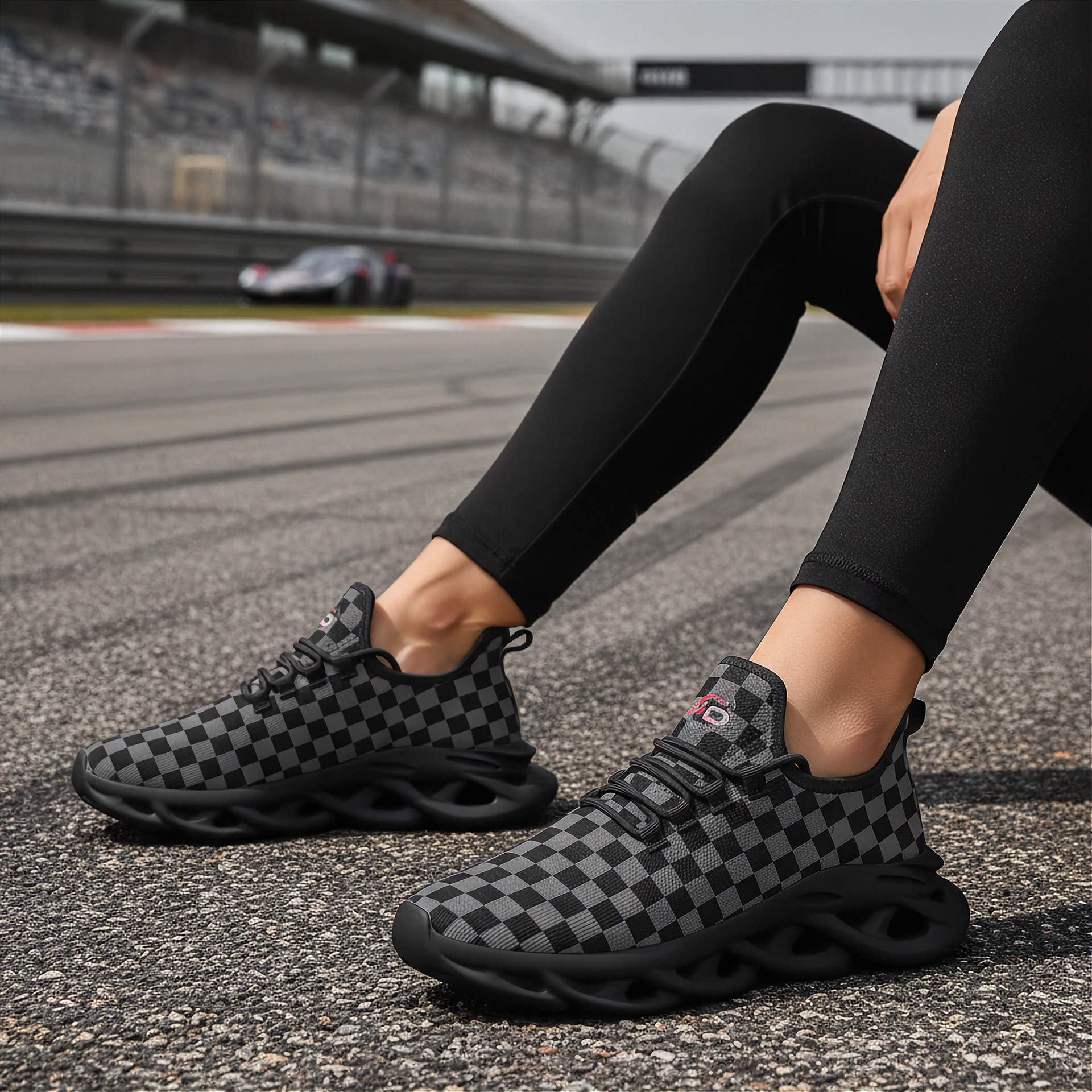 Woman wearing checkered sneakers on a race track