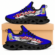 Handcrafted Blue Drag Racing M-Sole sneakers featuring a custom graphic, a starting line Christmas tree, and a smoking tire design on breathable mesh.