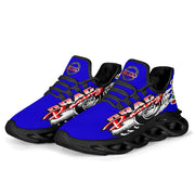 Handcrafted Blue Drag Racing M-Sole sneakers featuring a custom graphic, a starting line Christmas tree, and a smoking tire design on breathable mesh.