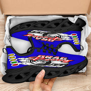 Handcrafted Blue Drag Racing M-Sole sneakers featuring a custom graphic, a starting line Christmas tree, and a smoking tire design on breathable mesh.