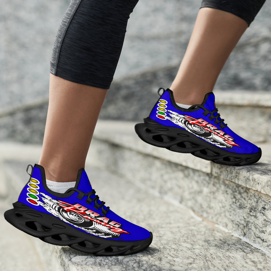 Handcrafted Blue Drag Racing M-Sole sneakers featuring a custom graphic, a starting line Christmas tree, and a smoking tire design on breathable mesh.