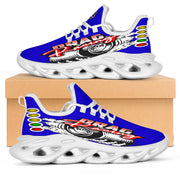 Handcrafted Blue Drag Racing M-Sole sneakers featuring a custom graphic, a starting line Christmas tree, and a smoking tire design on breathable mesh.