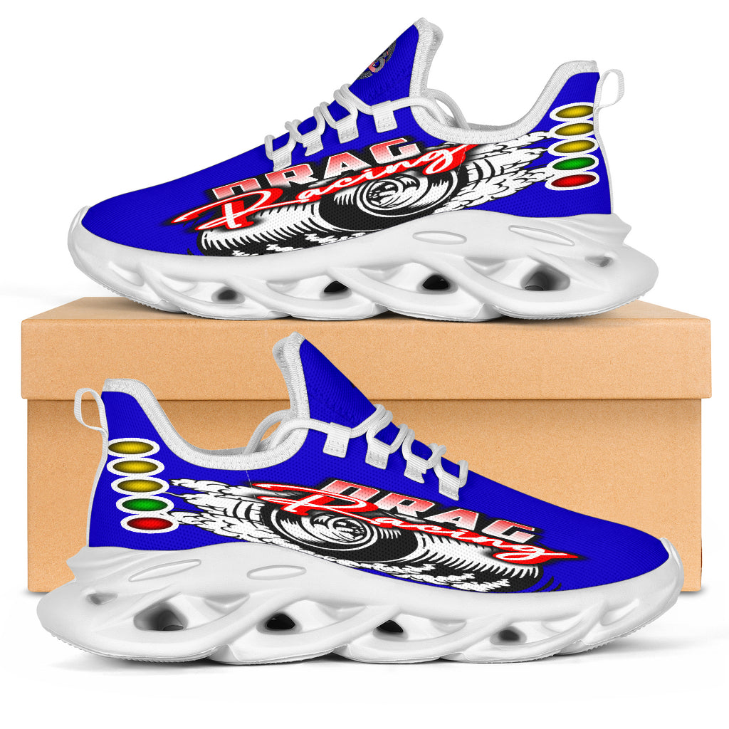 Handcrafted Blue Drag Racing M-Sole sneakers featuring a custom graphic, a starting line Christmas tree, and a smoking tire design on breathable mesh.