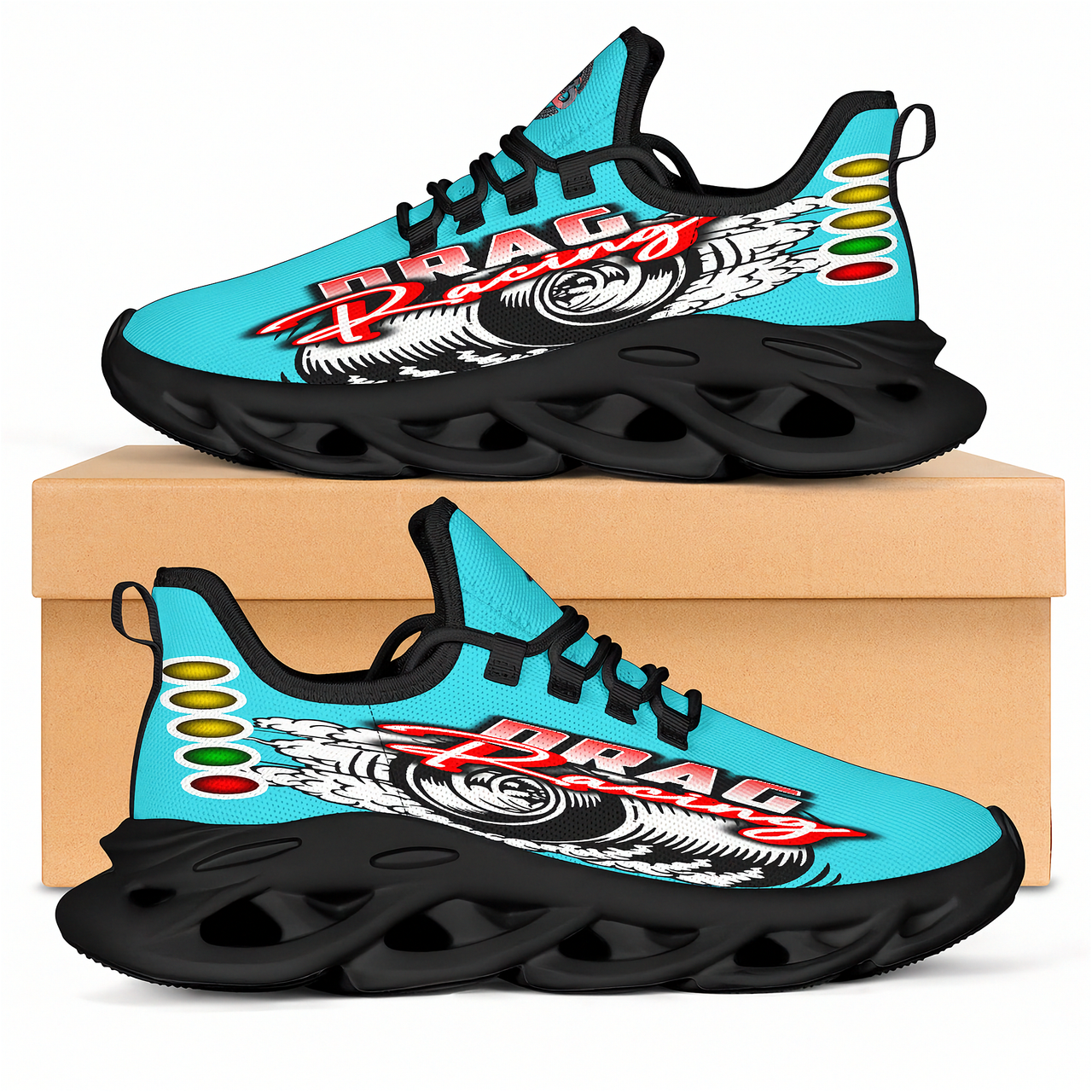 Handcrafted Carolina Blue Drag Racing M-Sole sneakers featuring a custom graphic, a starting line Christmas tree, and a smoking tire design on breathable mesh.