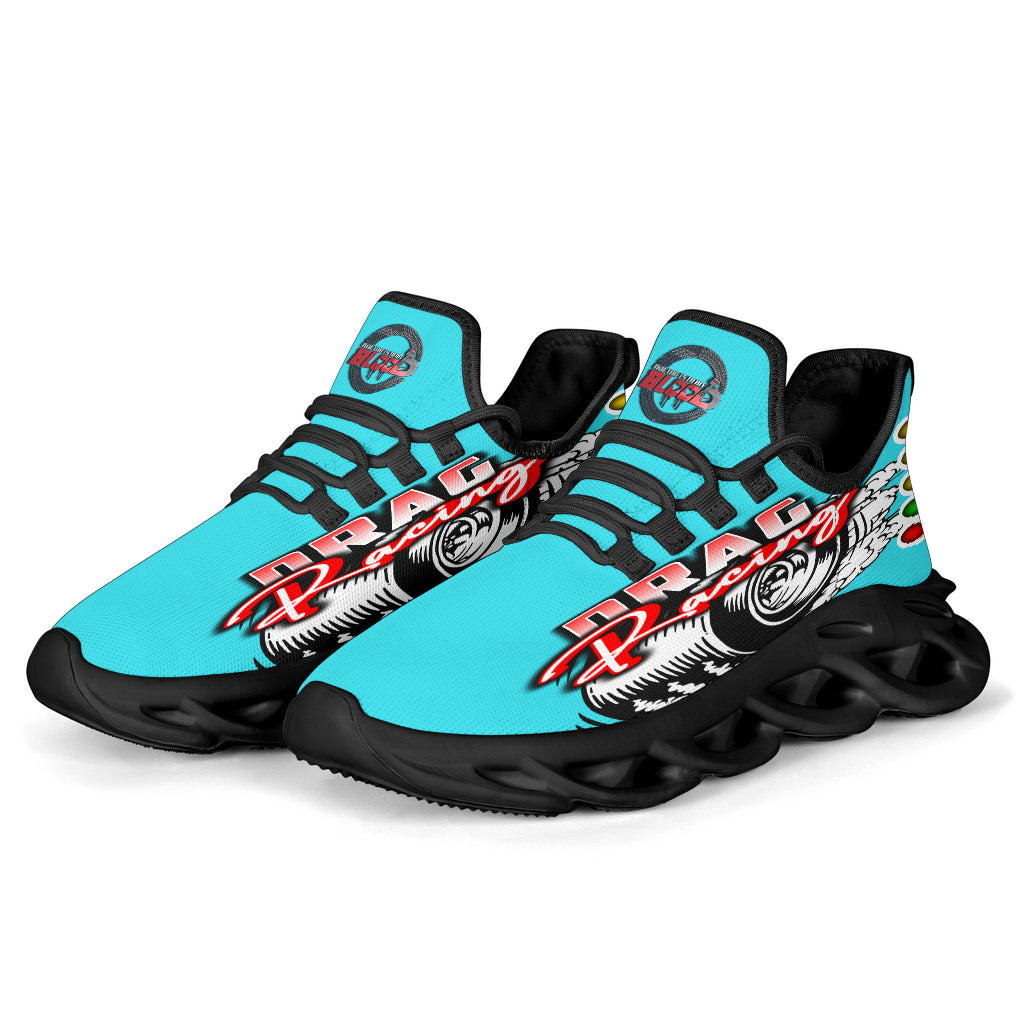 Handcrafted Carolina Blue Drag Racing M-Sole sneakers featuring a custom graphic, a starting line Christmas tree, and a smoking tire design on breathable mesh.