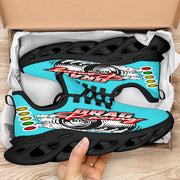 Handcrafted Carolina Blue Drag Racing M-Sole sneakers featuring a custom graphic, a starting line Christmas tree, and a smoking tire design on breathable mesh.