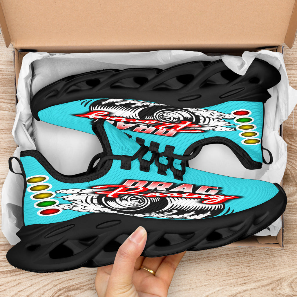 Handcrafted Carolina Blue Drag Racing M-Sole sneakers featuring a custom graphic, a starting line Christmas tree, and a smoking tire design on breathable mesh.
