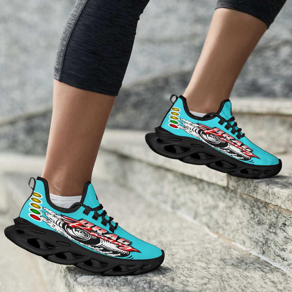 Handcrafted Carolina Blue Drag Racing M-Sole sneakers featuring a custom graphic, a starting line Christmas tree, and a smoking tire design on breathable mesh.