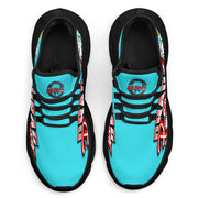 Handcrafted Carolina Blue Drag Racing M-Sole sneakers featuring a custom graphic, a starting line Christmas tree, and a smoking tire design on breathable mesh.