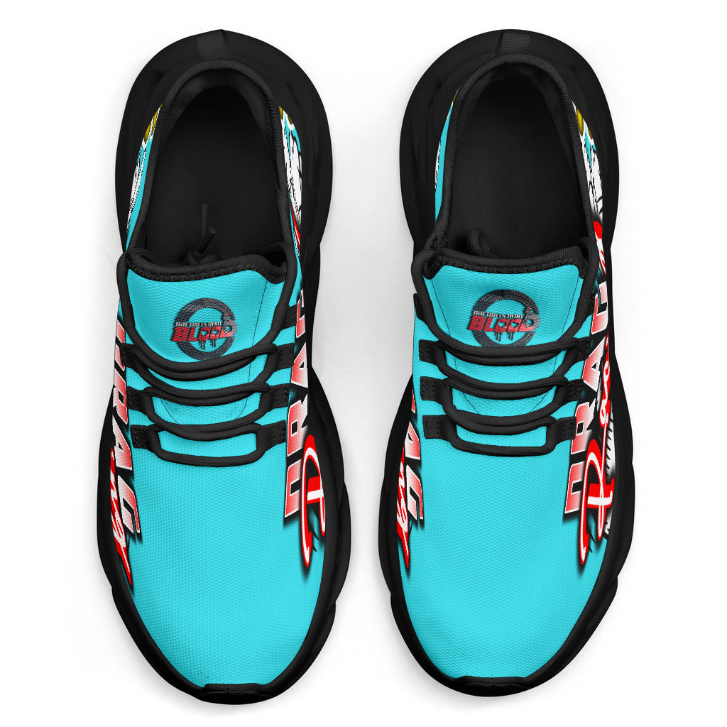 Handcrafted Carolina Blue Drag Racing M-Sole sneakers featuring a custom graphic, a starting line Christmas tree, and a smoking tire design on breathable mesh.