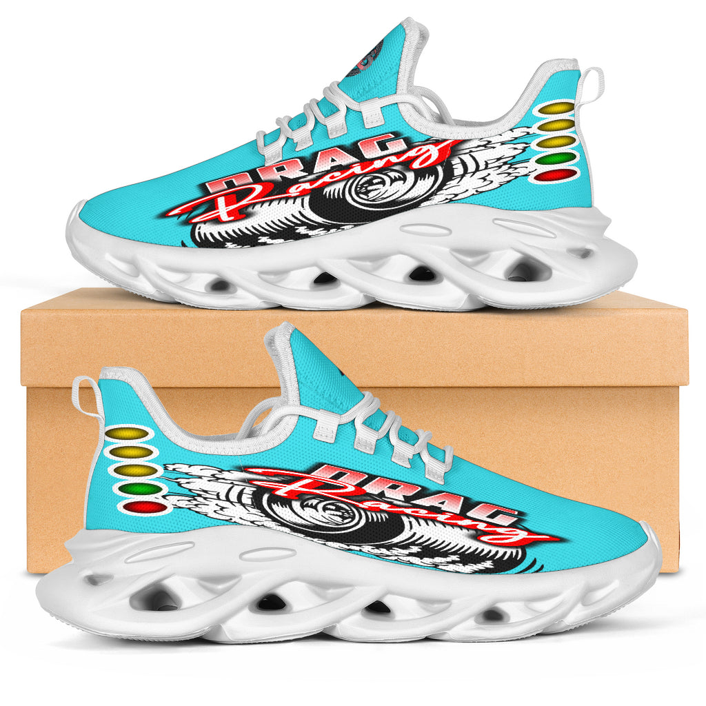 Handcrafted Carolina Blue Drag Racing M-Sole sneakers featuring a custom graphic, a starting line Christmas tree, and a smoking tire design on breathable mesh.