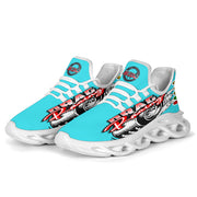 Handcrafted Carolina Blue Drag Racing M-Sole sneakers featuring a custom graphic, a starting line Christmas tree, and a smoking tire design on breathable mesh.