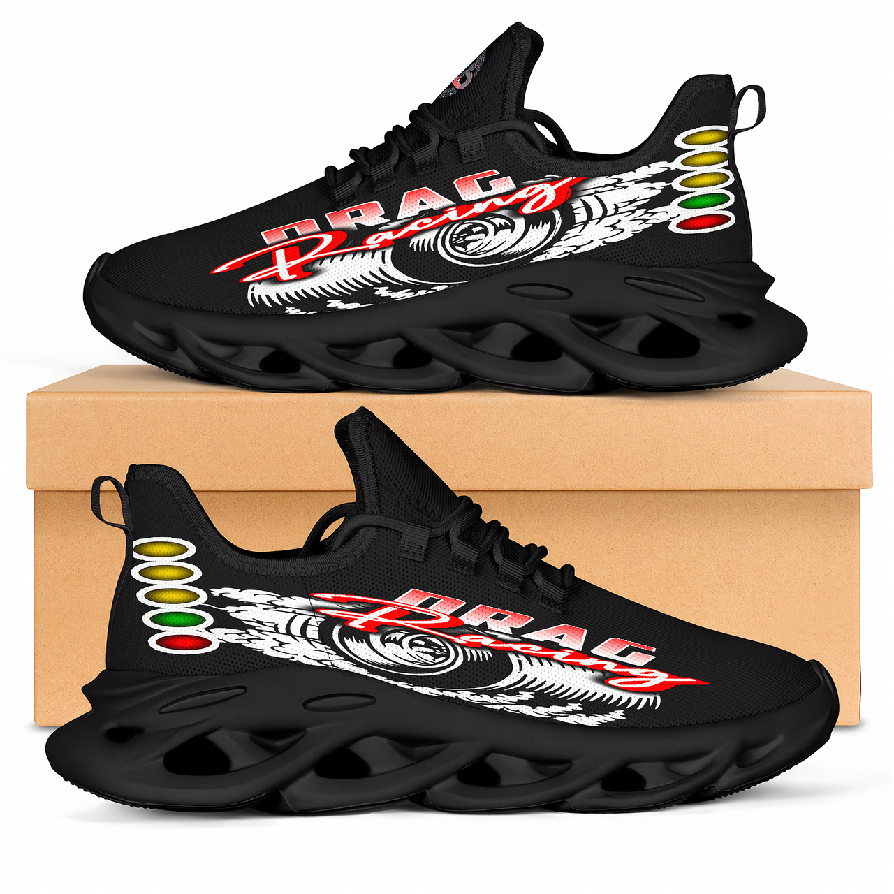 Handcrafted Drag Racing M-Sole sneakers featuring a custom "Drag Racing" graphic, a starting line Christmas tree, and a smoking tire design on breathable mesh.