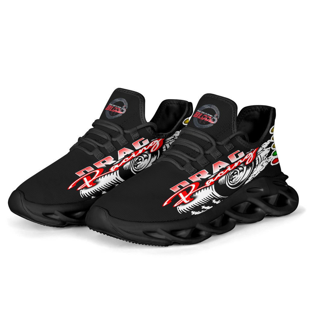 Handcrafted Drag Racing M-Sole sneakers featuring a custom "Drag Racing" graphic, a starting line Christmas tree, and a smoking tire design on breathable mesh.