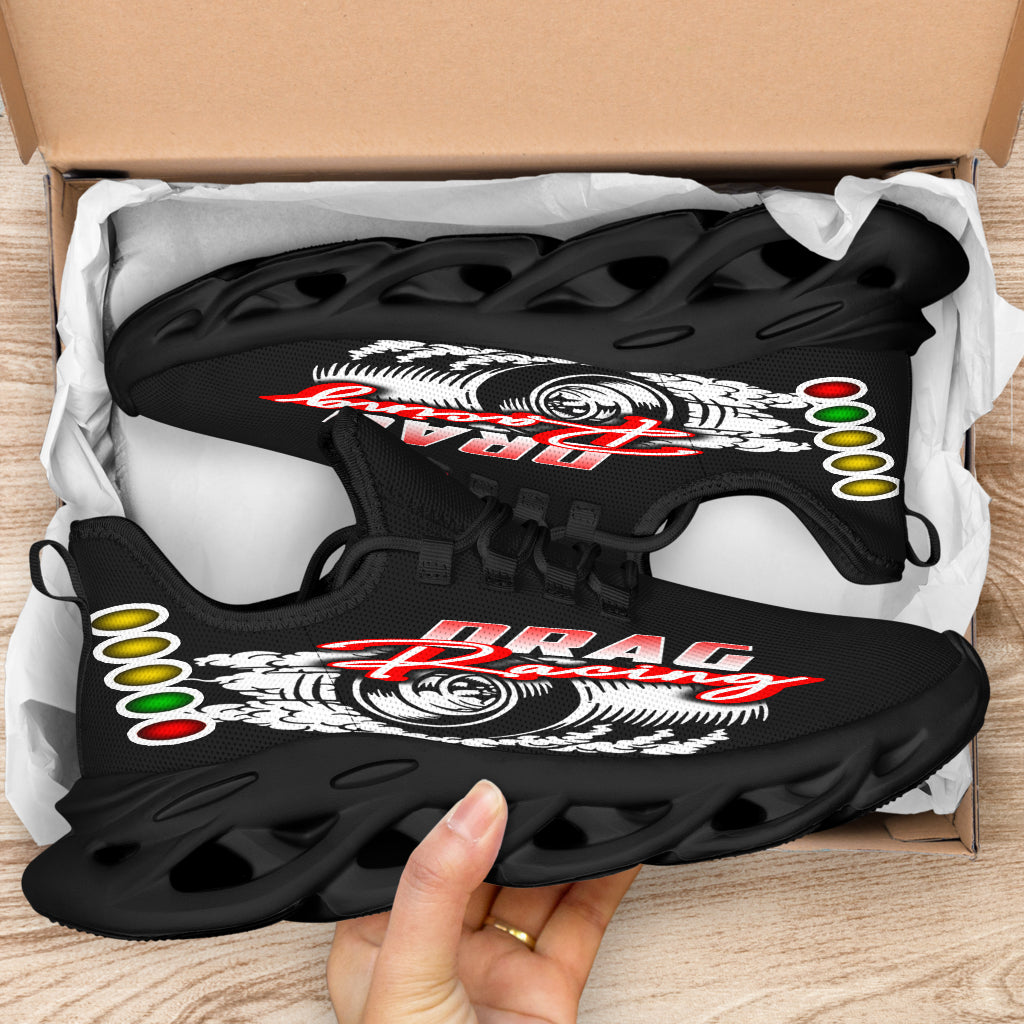 Handcrafted Drag Racing M-Sole sneakers featuring a custom "Drag Racing" graphic, a starting line Christmas tree, and a smoking tire design on breathable mesh.
