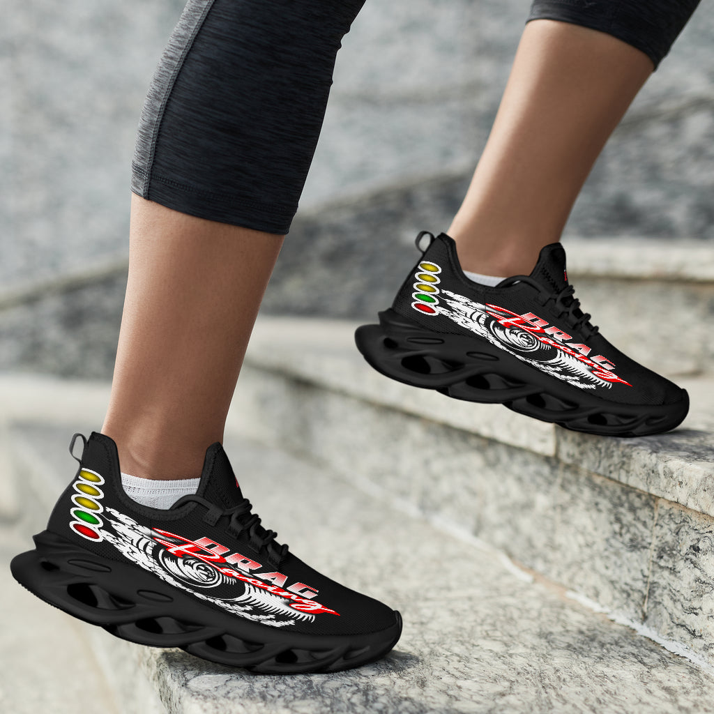Handcrafted Drag Racing M-Sole sneakers featuring a custom "Drag Racing" graphic, a starting line Christmas tree, and a smoking tire design on breathable mesh.