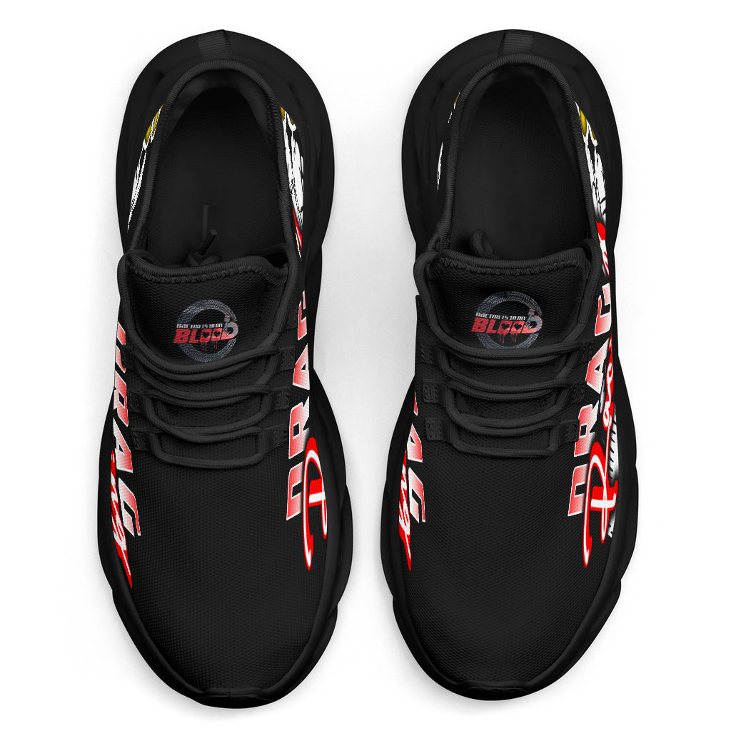 Handcrafted Drag Racing M-Sole sneakers featuring a custom "Drag Racing" graphic, a starting line Christmas tree, and a smoking tire design on breathable mesh.