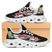 Handcrafted Drag Racing M-Sole sneakers featuring a custom "Drag Racing" graphic, a starting line Christmas tree, and a smoking tire design on breathable mesh.