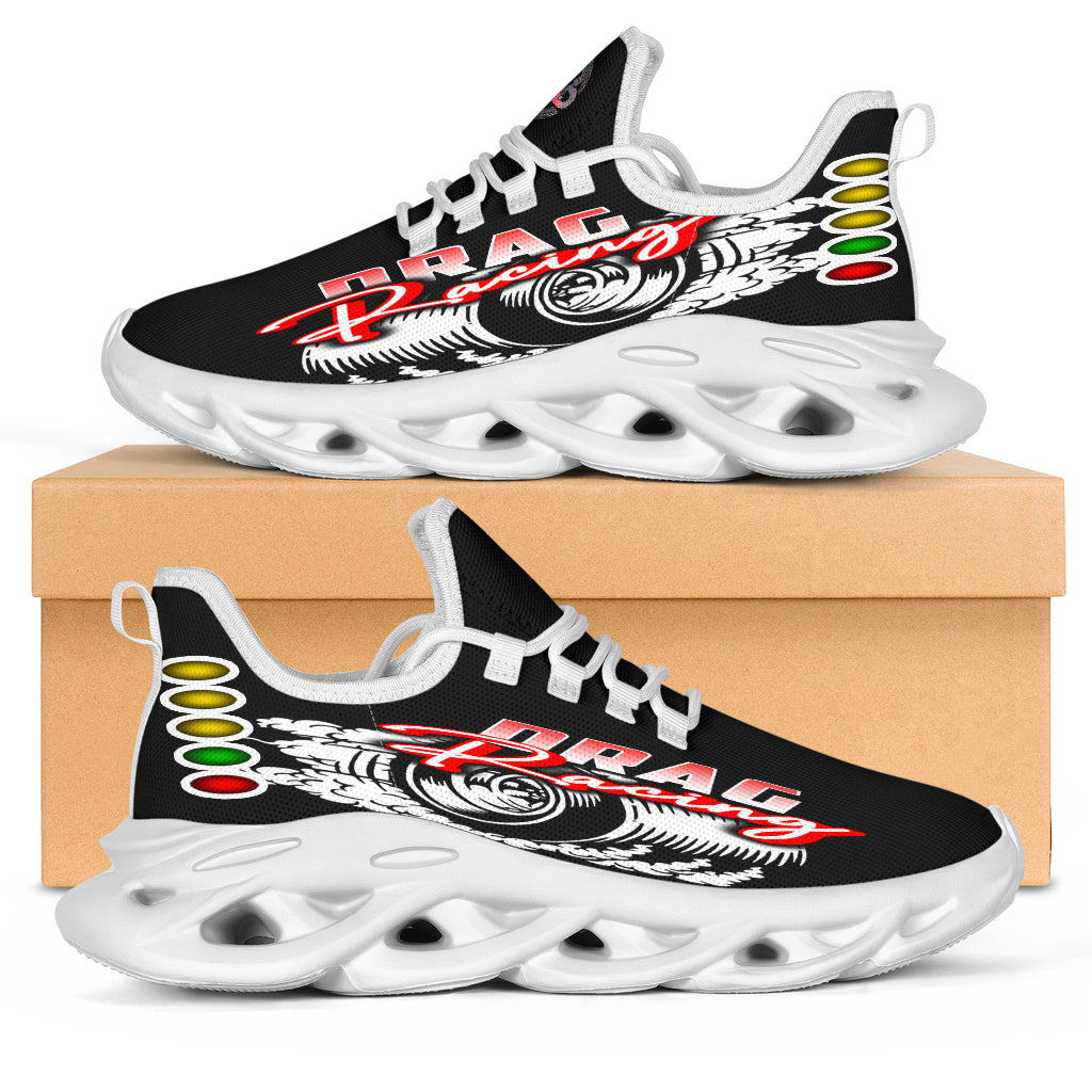 Handcrafted Drag Racing M-Sole sneakers featuring a custom "Drag Racing" graphic, a starting line Christmas tree, and a smoking tire design on breathable mesh.
