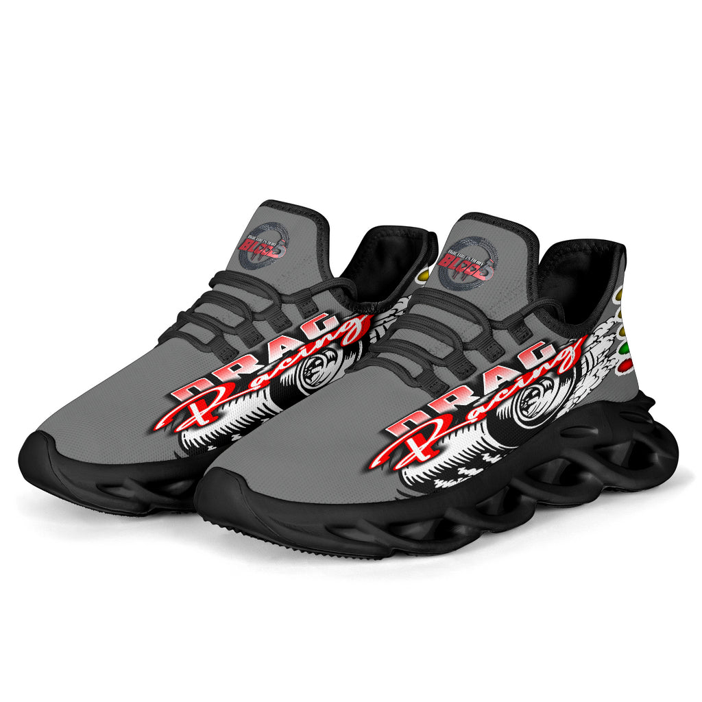Handcrafted Grey Drag Racing M-Sole sneakers featuring a custom graphic, a starting line Christmas tree, and a smoking tire design on breathable mesh.