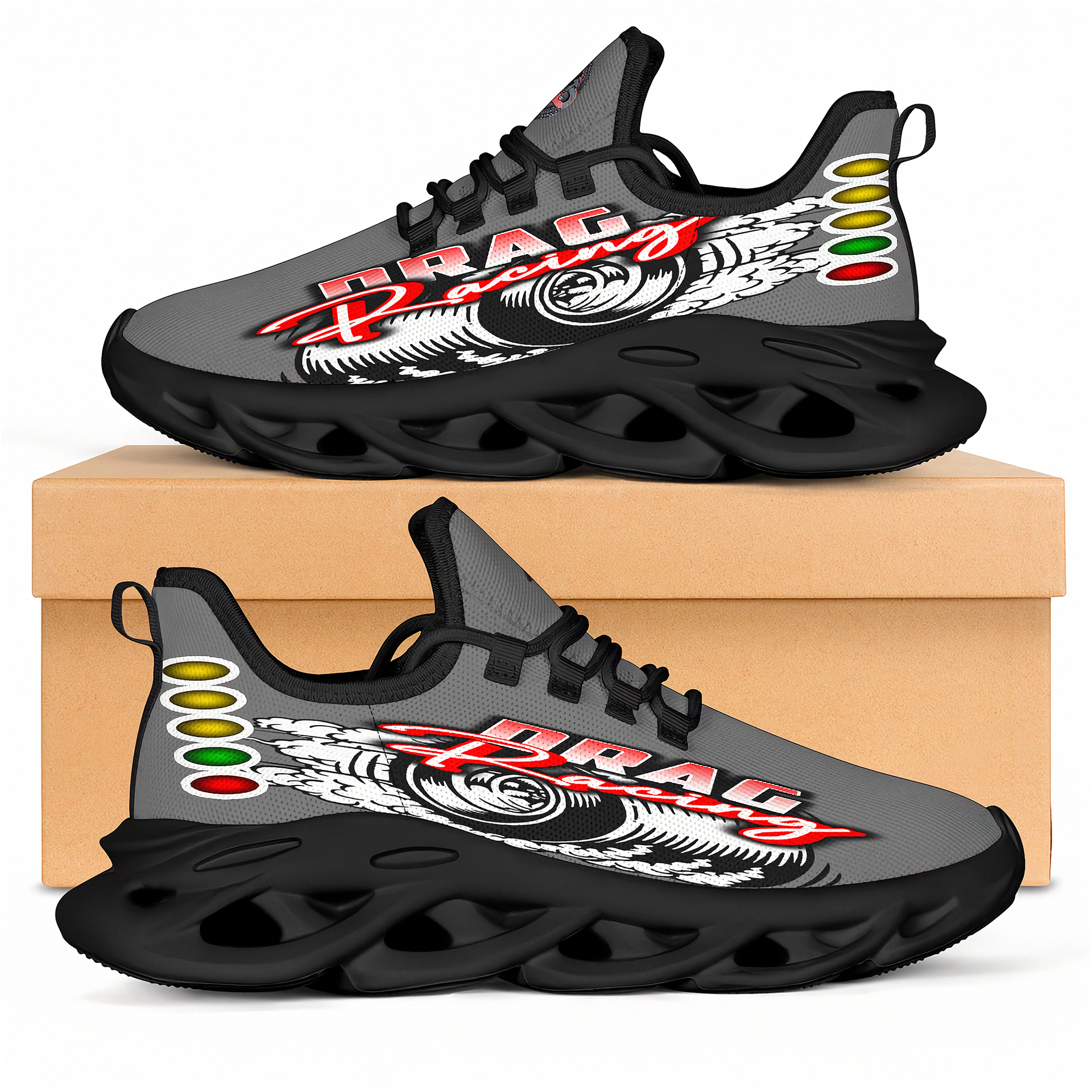 Handcrafted Grey Drag Racing M-Sole sneakers featuring a custom graphic, a starting line Christmas tree, and a smoking tire design on breathable mesh.