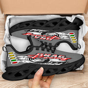 Handcrafted Grey Drag Racing M-Sole sneakers featuring a custom graphic, a starting line Christmas tree, and a smoking tire design on breathable mesh.
