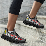 Handcrafted Grey Drag Racing M-Sole sneakers featuring a custom graphic, a starting line Christmas tree, and a smoking tire design on breathable mesh.