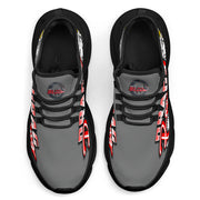 Handcrafted Grey Drag Racing M-Sole sneakers featuring a custom graphic, a starting line Christmas tree, and a smoking tire design on breathable mesh.