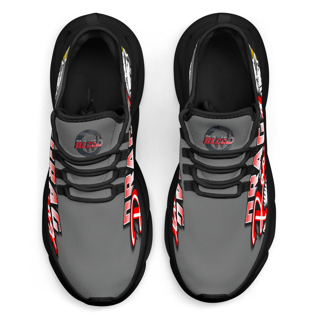 Handcrafted Grey Drag Racing M-Sole sneakers featuring a custom graphic, a starting line Christmas tree, and a smoking tire design on breathable mesh.