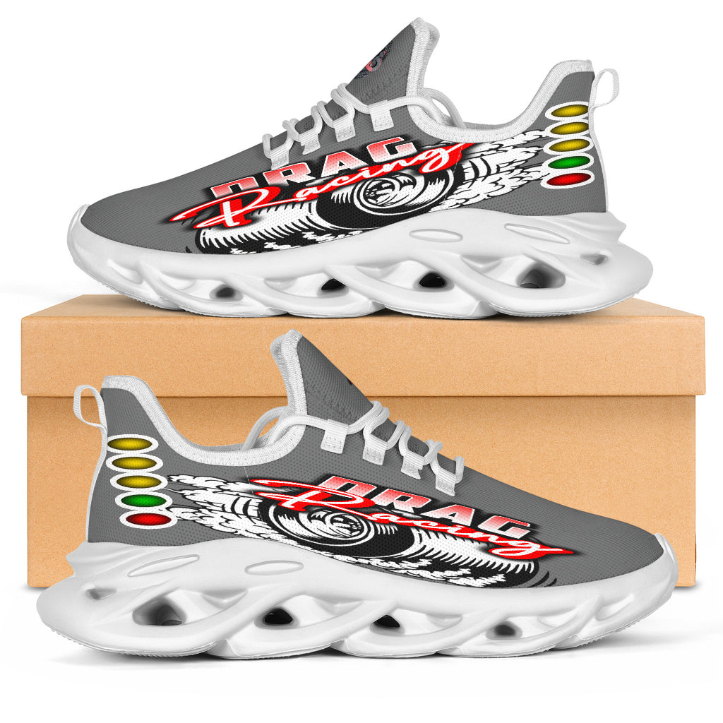 Handcrafted Grey Drag Racing M-Sole sneakers featuring a custom graphic, a starting line Christmas tree, and a smoking tire design on breathable mesh.