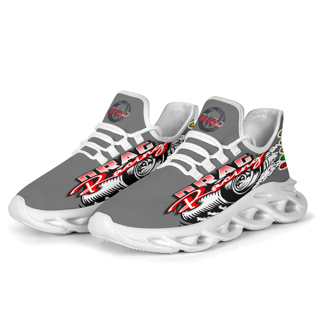 Handcrafted Grey Drag Racing M-Sole sneakers featuring a custom graphic, a starting line Christmas tree, and a smoking tire design on breathable mesh.